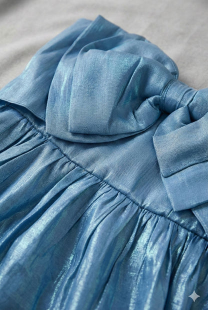 Turquoise Party Wear Shimmer Frock with Pearl Straps