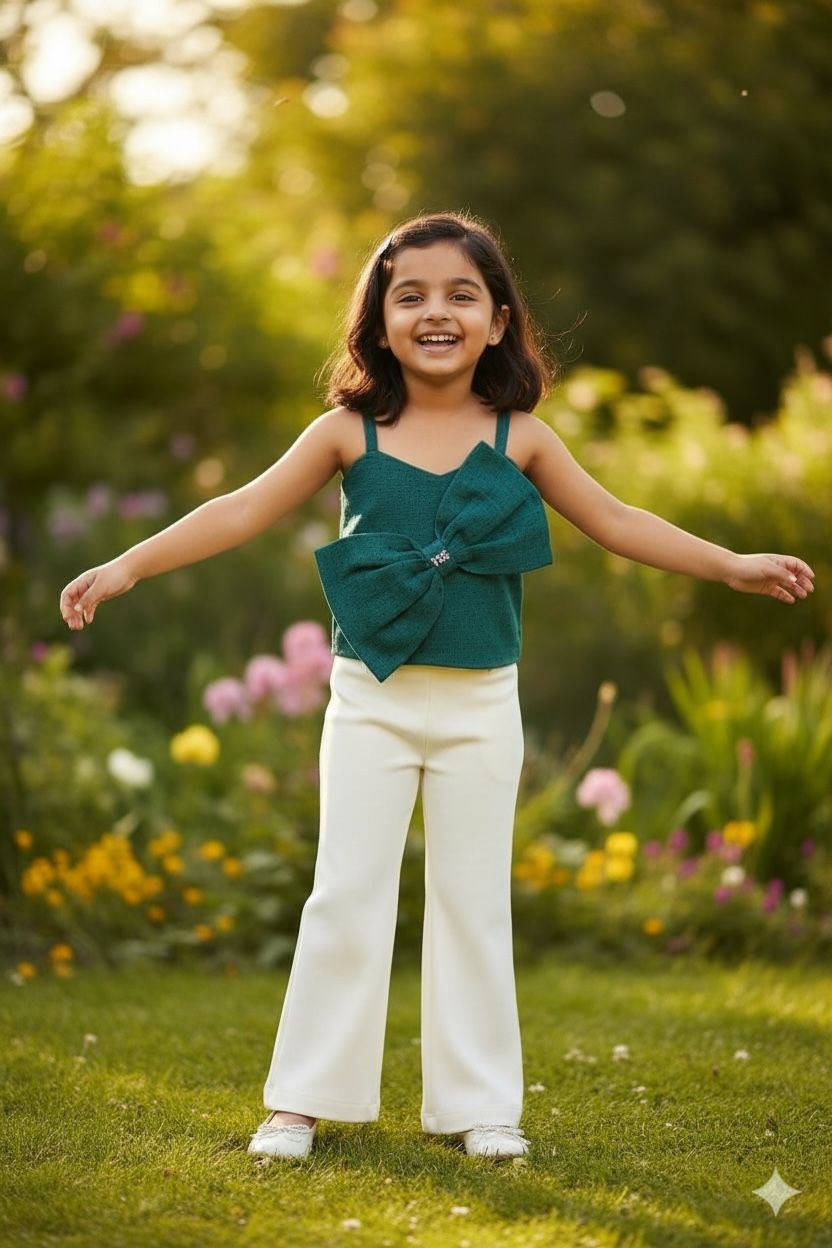 Dark Green Premium Cotton Bow Top with Stud Detailing