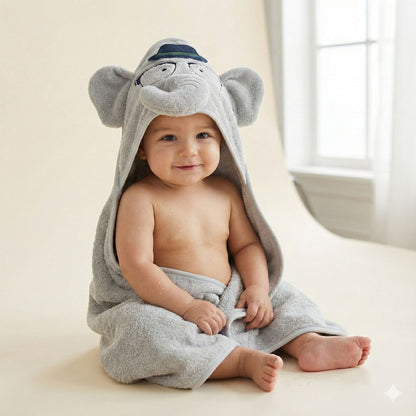 Grey Baby Hooded Towel Wrap with Cute Elephant Hood – Soft & Absorbent