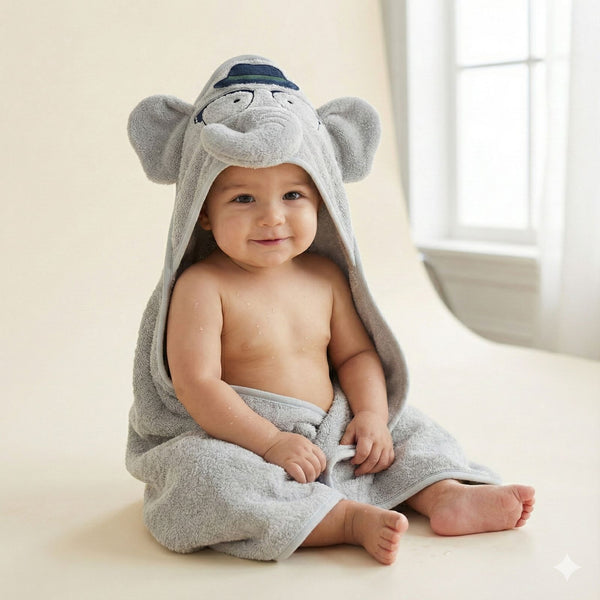 Grey Baby Hooded Towel Wrap with Cute Elephant Hood – Soft & Absorbent