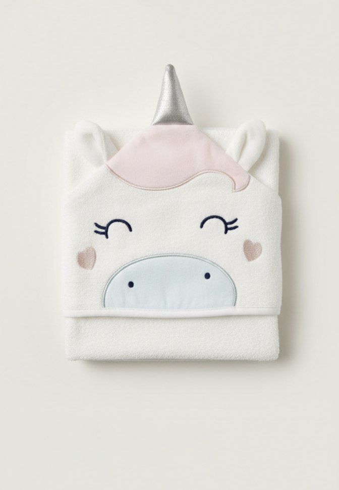 White Baby Hooded Towel Wrap with Cute Unicorn Hood – Soft & Absorbent