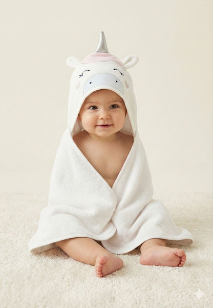 White Baby Hooded Towel Wrap with Cute Unicorn Hood – Soft & Absorbent