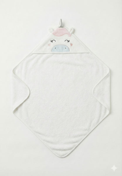 White Baby Hooded Towel Wrap with Cute Unicorn Hood – Soft & Absorbent