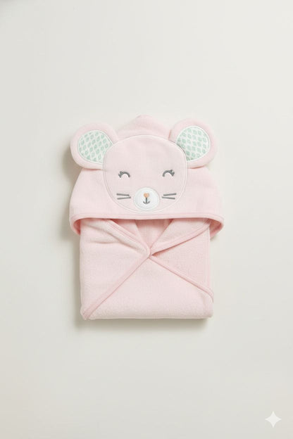 Peach Baby Hooded Towel Wrap with Cute Mice Hood – Soft & Absorbent