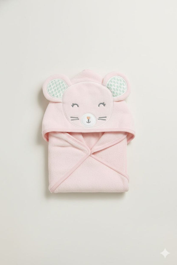 Peach Baby Hooded Towel Wrap with Cute Mice Hood – Soft & Absorbent