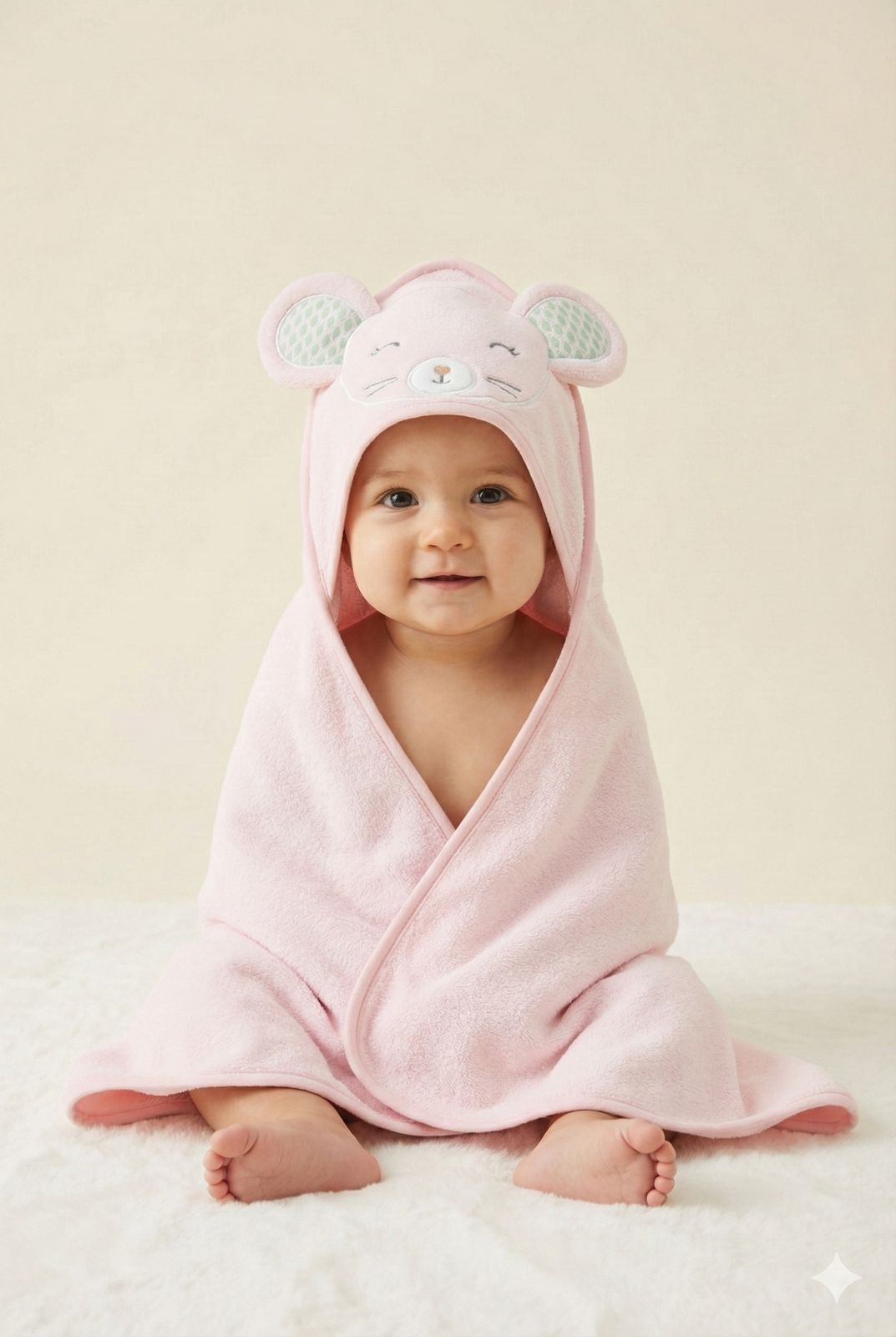 Peach Baby Hooded Towel Wrap with Cute Mice Hood – Soft & Absorbent