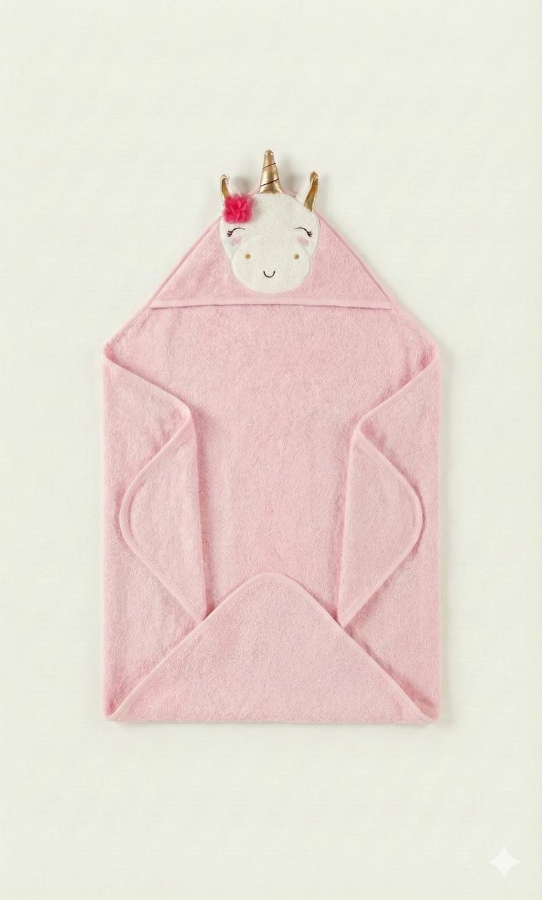 Pink Baby Hooded Towel Wrap with Cute Golden Horn Unicorn Hood – Soft & Absorbent