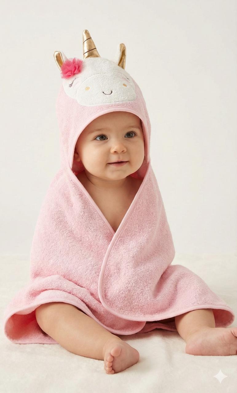Pink Baby Hooded Towel Wrap with Cute Golden Horn Unicorn Hood – Soft & Absorbent