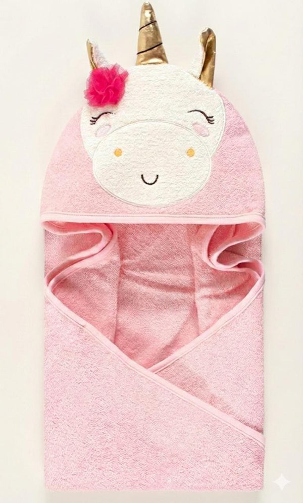 Pink Baby Hooded Towel Wrap with Cute Golden Horn Unicorn Hood – Soft & Absorbent