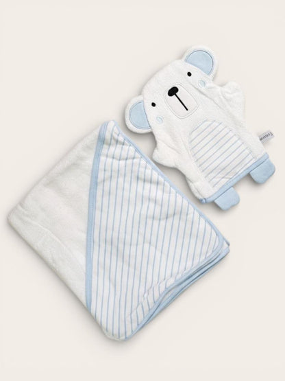 Blue & White Baby Hooded Towel Wrap with Teddy Bathing Glove – Soft & Absorbent