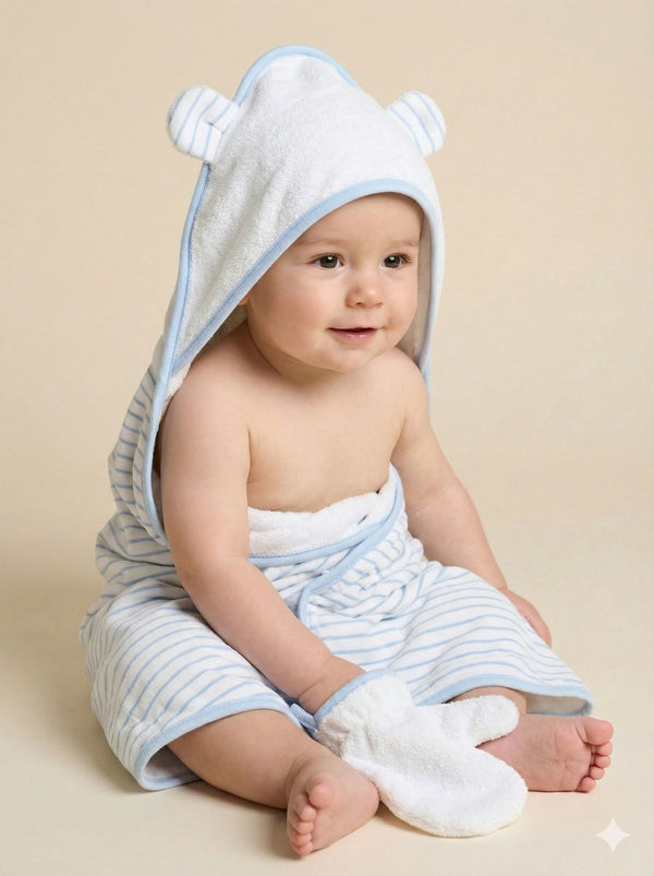Blue & White Baby Hooded Towel Wrap with Teddy Bathing Glove – Soft & Absorbent