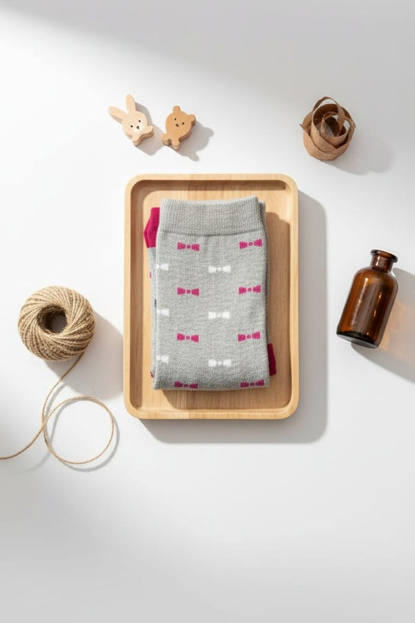 Bow Printed Grey Breathable Premium Cotton Kids Stockings – Party to Play Wear