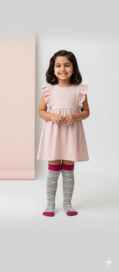 Bow Printed Grey Breathable Premium Cotton Kids Stockings – Party to Play Wear