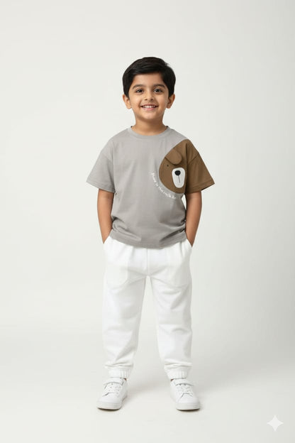Playful Cute 3D Teddy Patch Casual Stone Grey T-Shirt