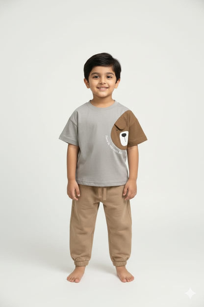 Playful Cute 3D Teddy Patch Casual Stone Grey T-Shirt