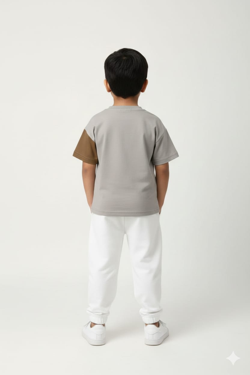 Playful Cute 3D Teddy Patch Casual Stone Grey T-Shirt