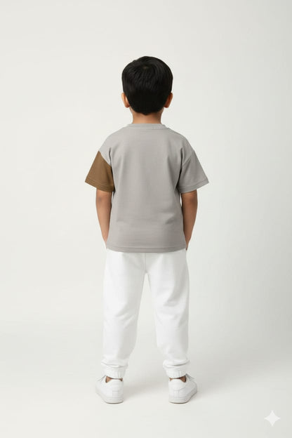 Playful Cute 3D Teddy Patch Casual Stone Grey T-Shirt