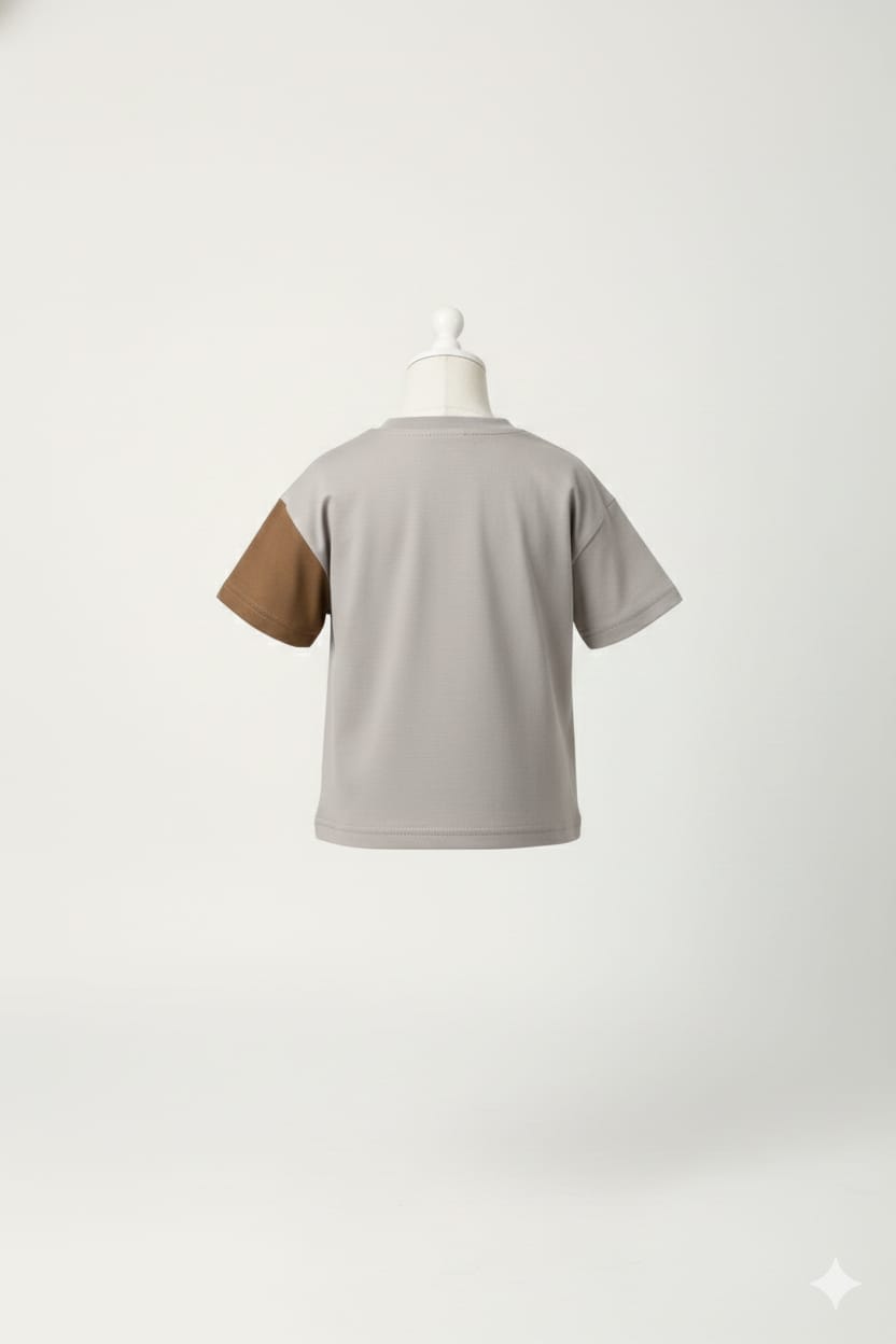 Playful Cute 3D Teddy Patch Casual Stone Grey T-Shirt
