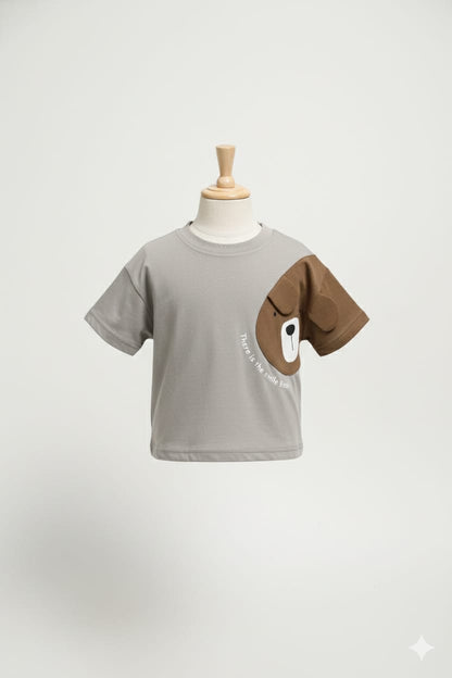 Playful Cute 3D Teddy Patch Casual Stone Grey T-Shirt