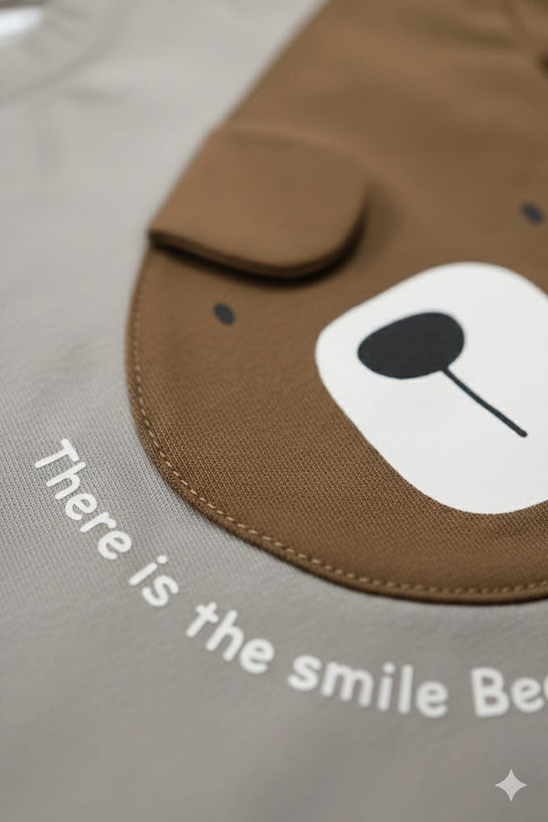 Playful Cute 3D Teddy Patch Casual Stone Grey T-Shirt