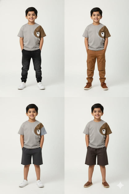 Playful Cute 3D Teddy Patch Casual Stone Grey T-Shirt
