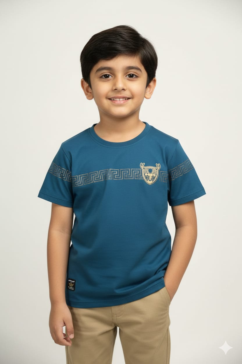 Teal Blue Party Wear Boys T-Shirt with Golden Embellished Work