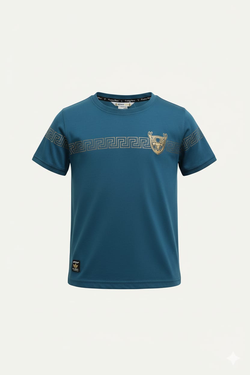 Teal Blue Party Wear Boys T-Shirt with Golden Embellished Work