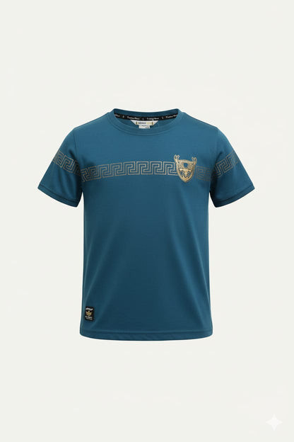 Teal Blue Party Wear Boys T-Shirt with Golden Embellished Work