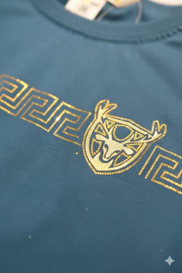 Teal Blue Party Wear Boys T-Shirt with Golden Embellished Work