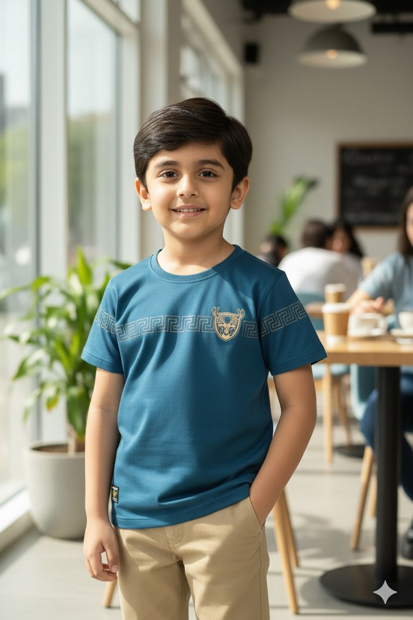 Teal Blue Party Wear Boys T-Shirt with Golden Embellished Work