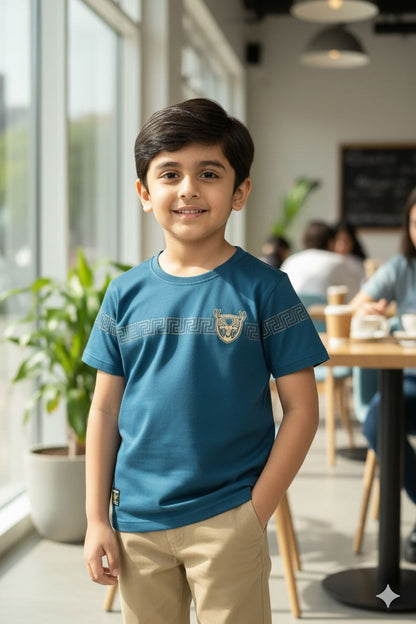 Teal Blue Party Wear Boys T-Shirt with Golden Embellished Work