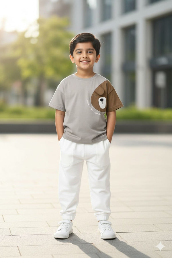 Playful Cute 3D Teddy Patch Casual Stone Grey T-Shirt