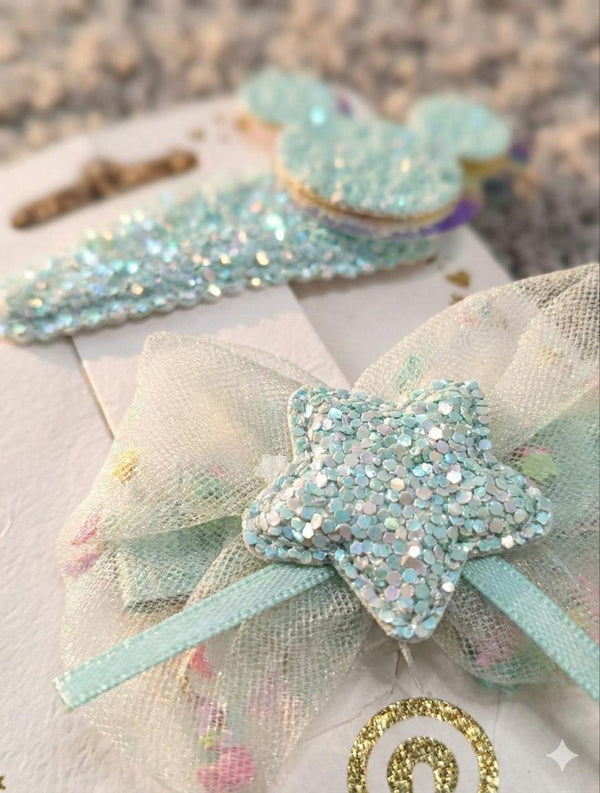 Blue Bow Set of Girls Glitter Hair Clips – Sparkle Kids Party Accessories