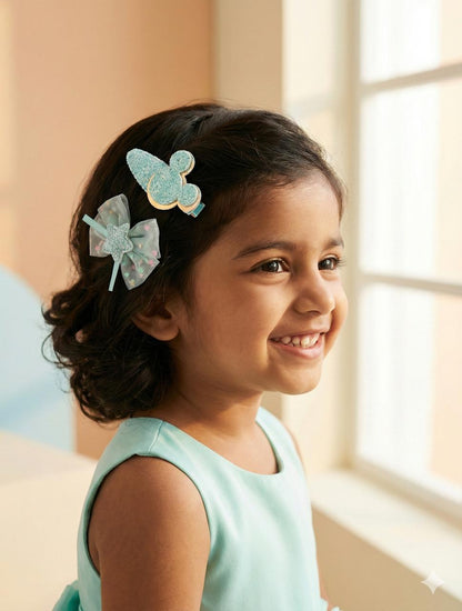 Blue Bow Set of Girls Glitter Hair Clips – Sparkle Kids Party Accessories