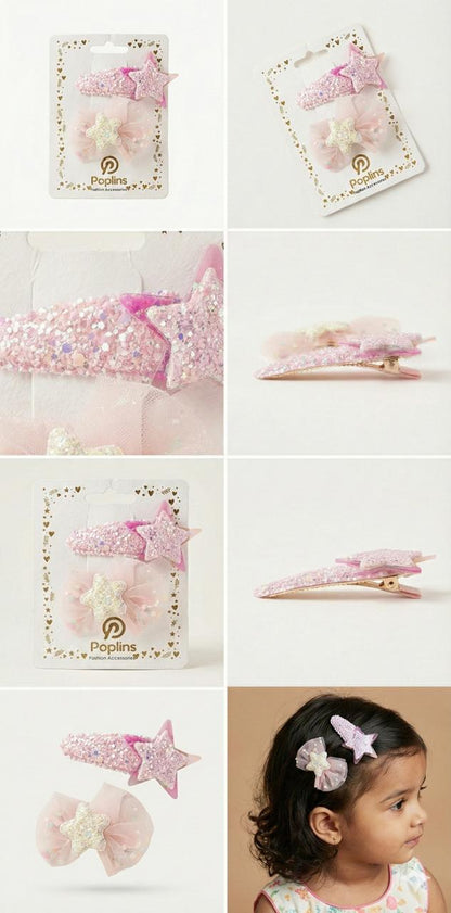 Pink Bow Set of Girls Glitter Hair Clips – Sparkle Kids Party Accessories