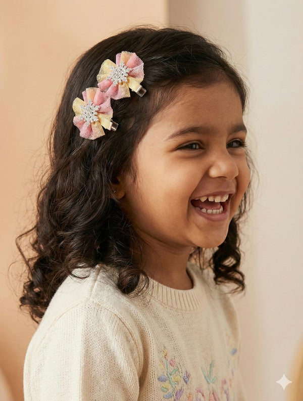 Pink Yellow Bow Set of Girls Glitter Hair Clips – Sparkle Kids Party Accessories