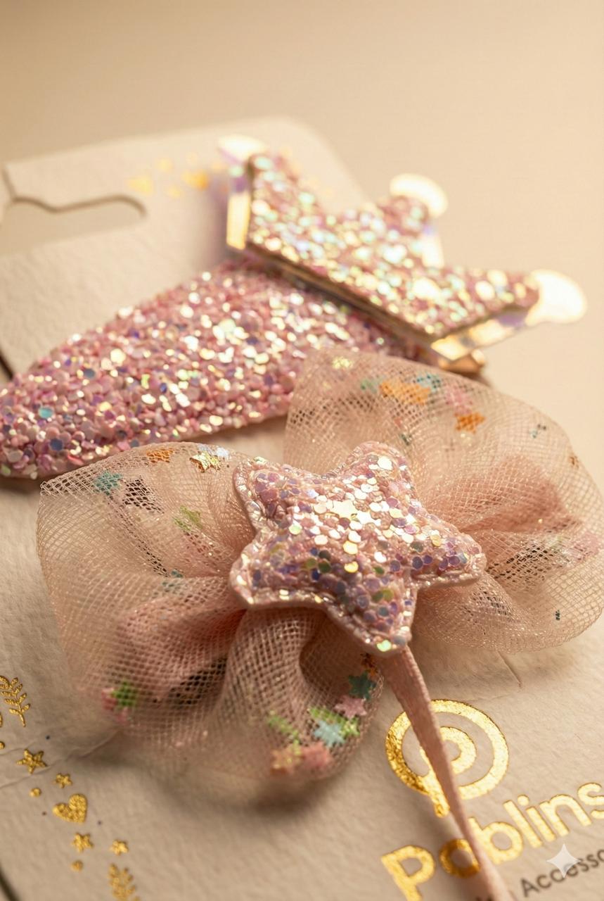 Crown & Bow Set of Girls Glitter Hair Clips – Sparkle Kids Party Accessories