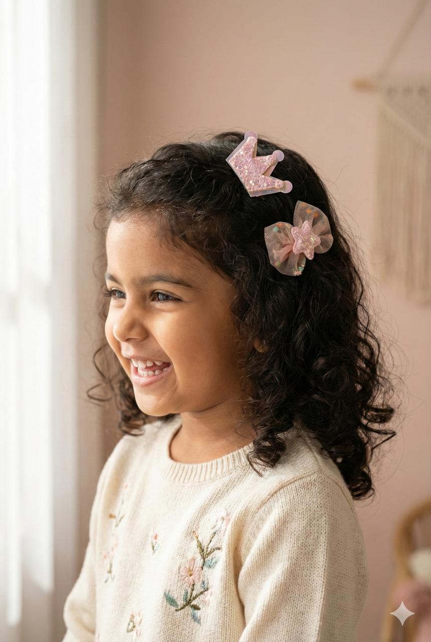 Crown & Bow Set of Girls Glitter Hair Clips – Sparkle Kids Party Accessories