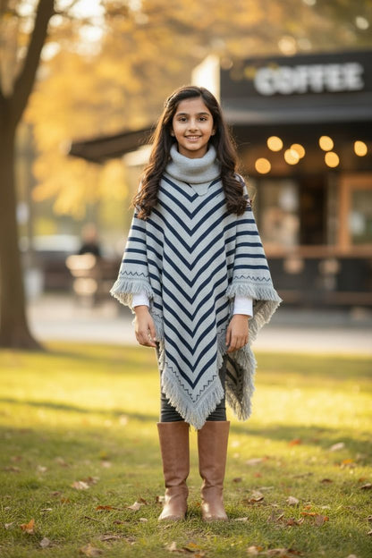 Grey Winter Poncho Shawl – Warm Striped Woolen Cape