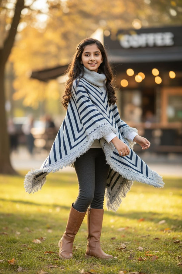 Grey Winter Poncho Shawl – Warm Striped Woolen Cape