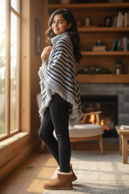 Grey Winter Poncho Shawl – Warm Striped Woolen Cape