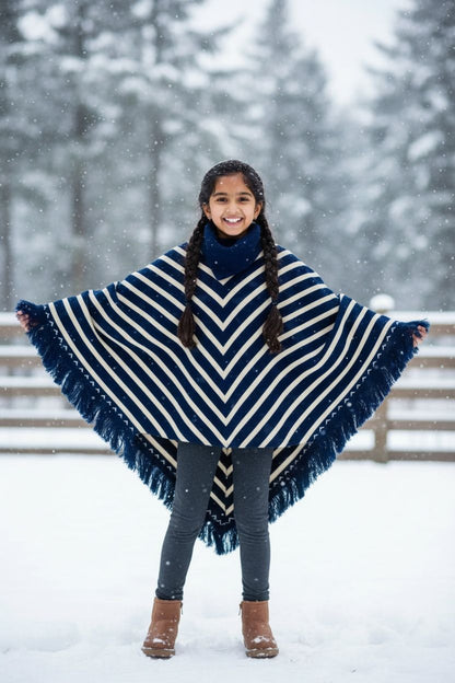 Blue Winter Poncho Shawl – Warm Striped Woolen Cape