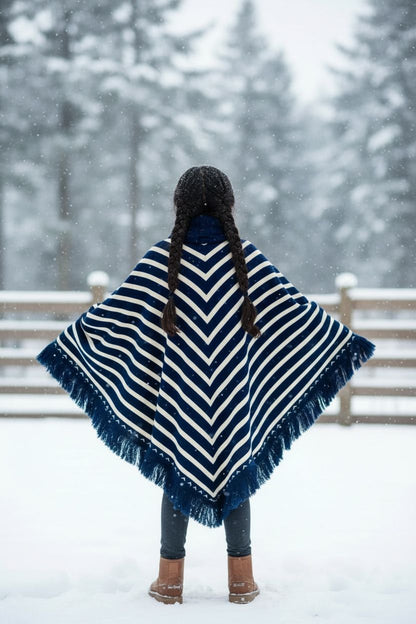 Blue Winter Poncho Shawl – Warm Striped Woolen Cape