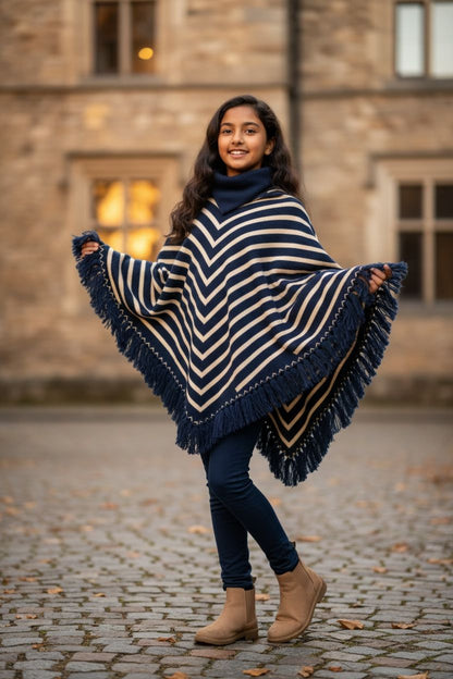 Blue Winter Poncho Shawl – Warm Striped Woolen Cape
