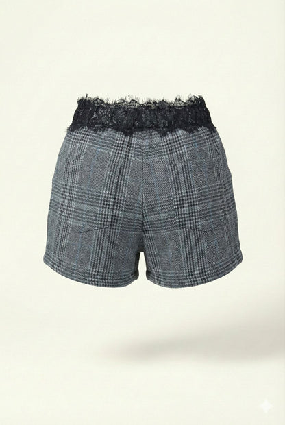 Checkered Fashion Girls Shorts with Lace Waist