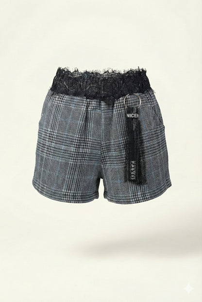 Checkered Fashion Girls Shorts with Lace Waist