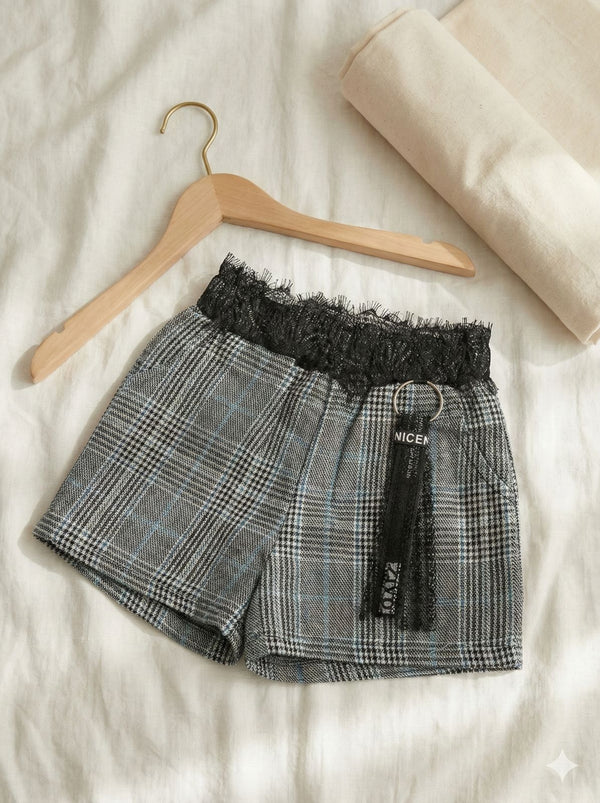 Checkered Fashion Girls Shorts with Lace Waist