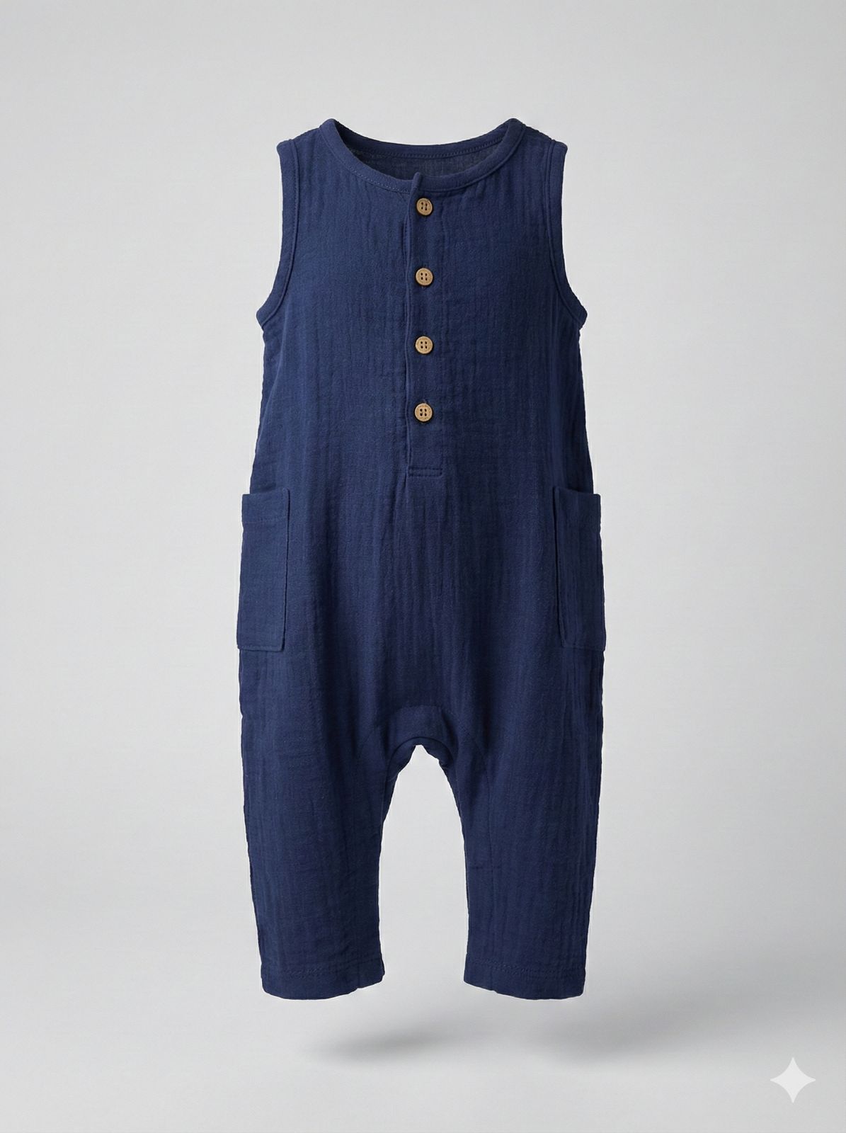 Navy Cotton Muslin Sleeveless Button Jumpsuit / Romper for Babies