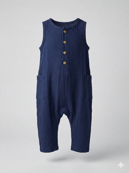 Navy Cotton Muslin Sleeveless Button Jumpsuit / Romper for Babies