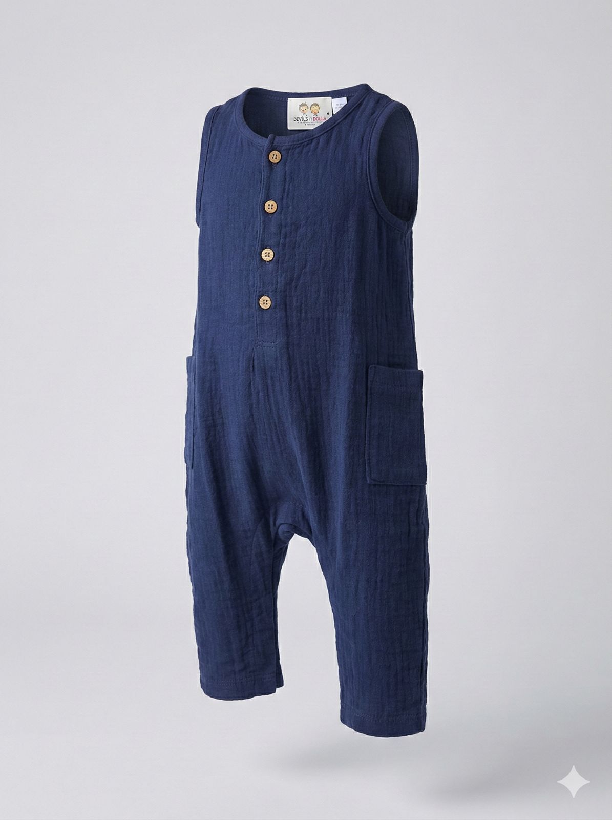 Navy Cotton Muslin Sleeveless Button Jumpsuit / Romper for Babies